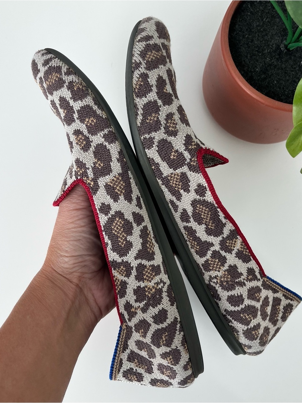Rothy’s The Loafer Mocha Spot Leopard Print Red Stripe Casual Everyday Flats - Picture 5 of 9